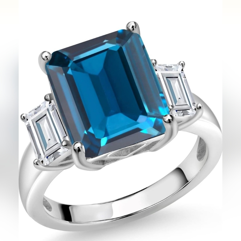 GSK 8.64 Cttw London Blue Topaz and White Moissanite 3-Stone Ring